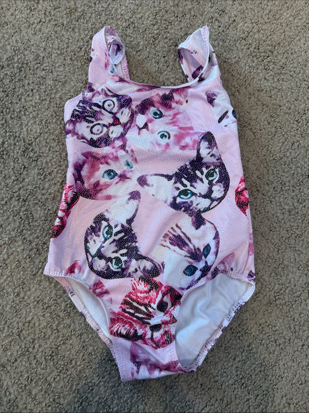 Girls Pink Cat Print One-Piece Swimsuit